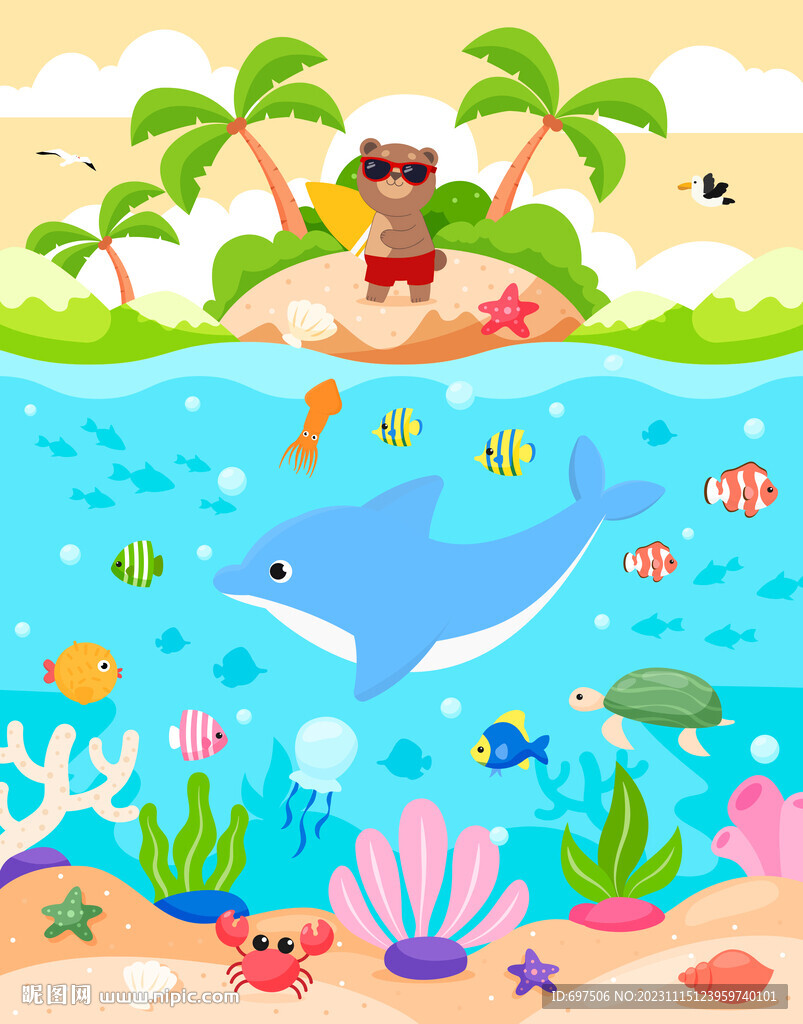 卡通海豚海洋热带鱼沙滩海底背景