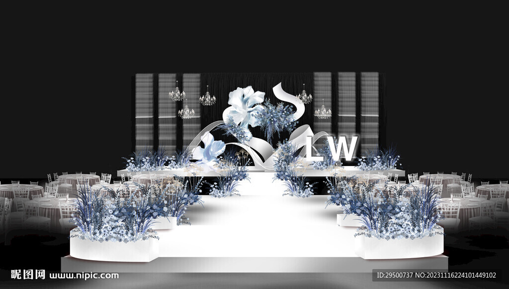 水晶珠链蓝色简约舞台婚礼效果图