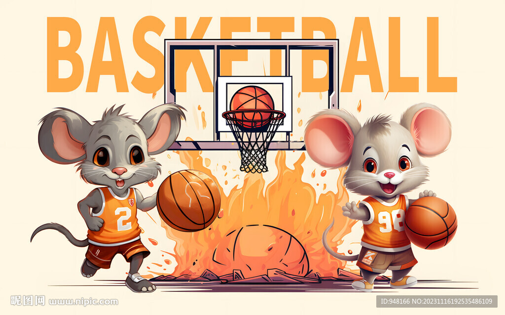 可爱老鼠篮球壁画背景挂画设计