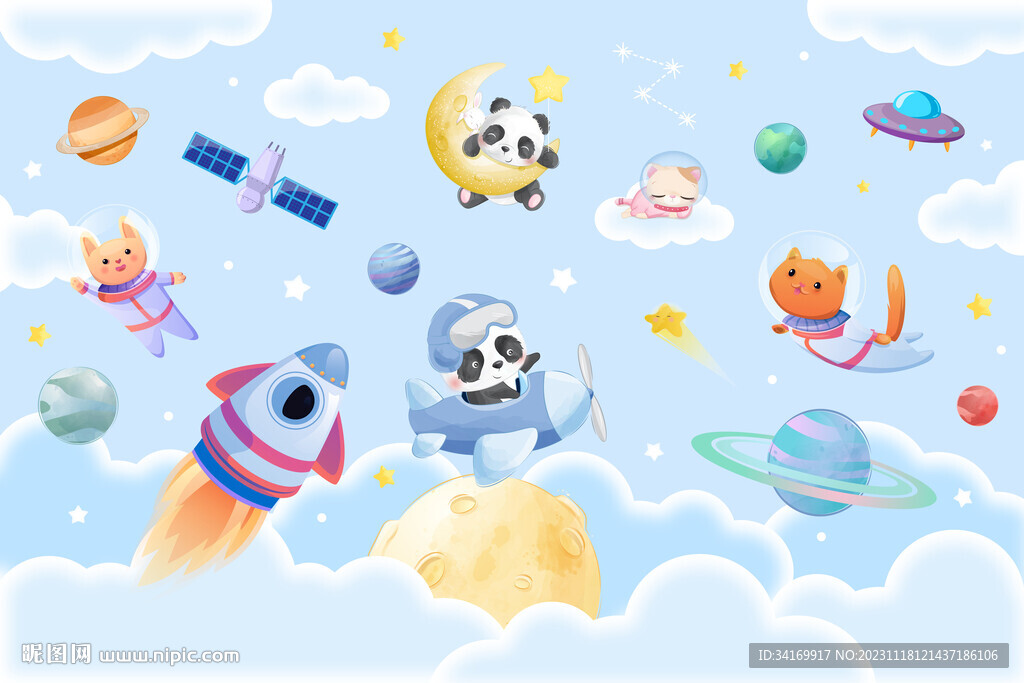 卡通云朵太空动物星球儿童背景墙