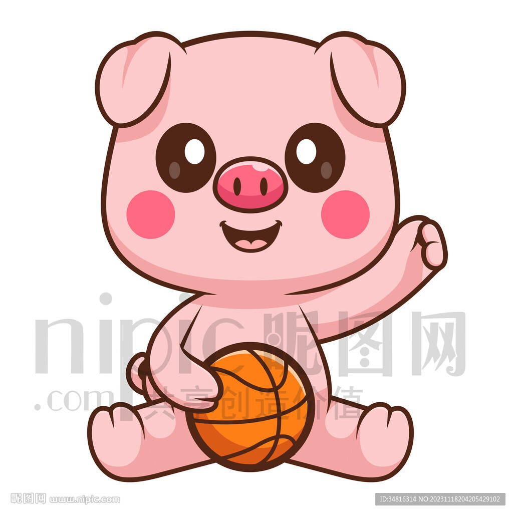 可爱卡通玩篮球的小猪