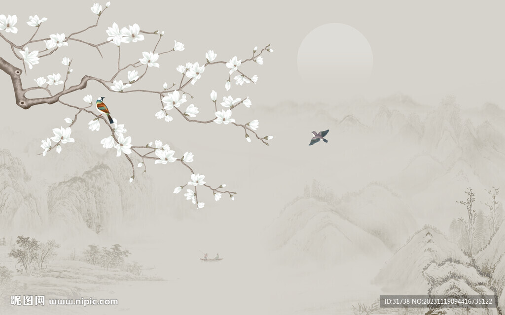 新中式工笔花鸟画背景墙