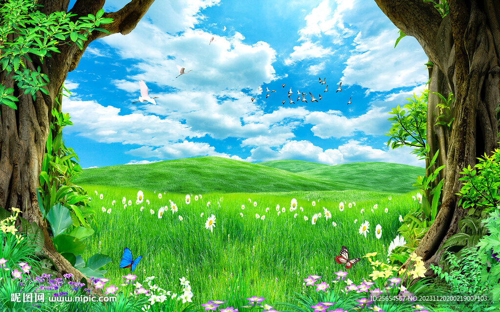 树林草地风景3d背景墙