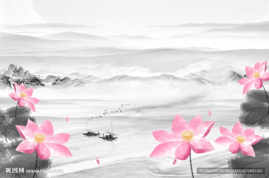 中式山水荷花背景墙
