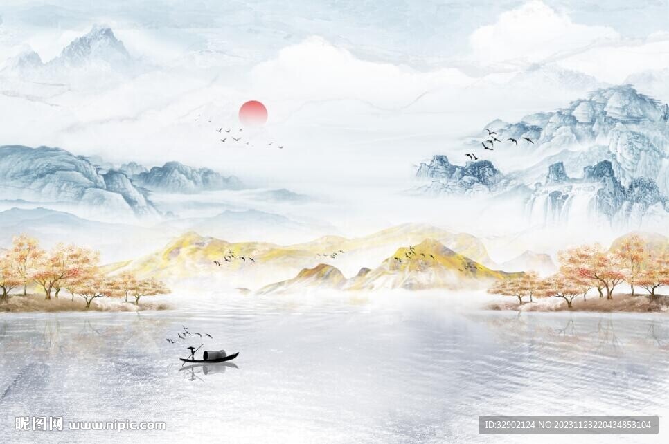 新中式宁静致远山水聚宝盆背景墙