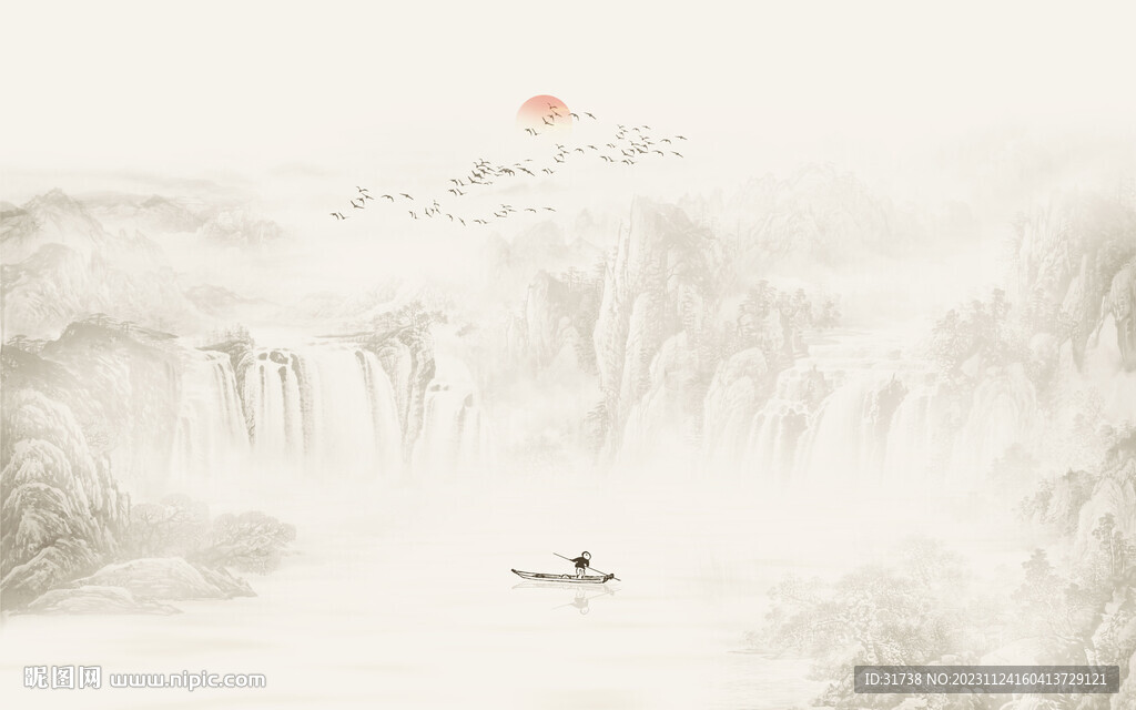 新中式水墨国画山水背景墙壁画