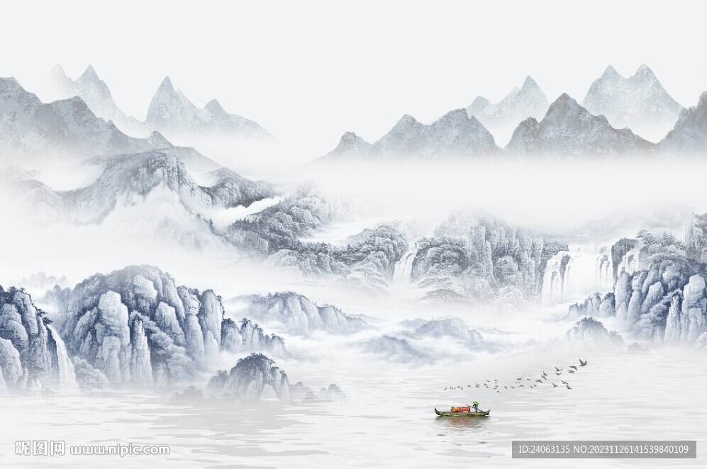 新中式山水瀑布国画背景墙