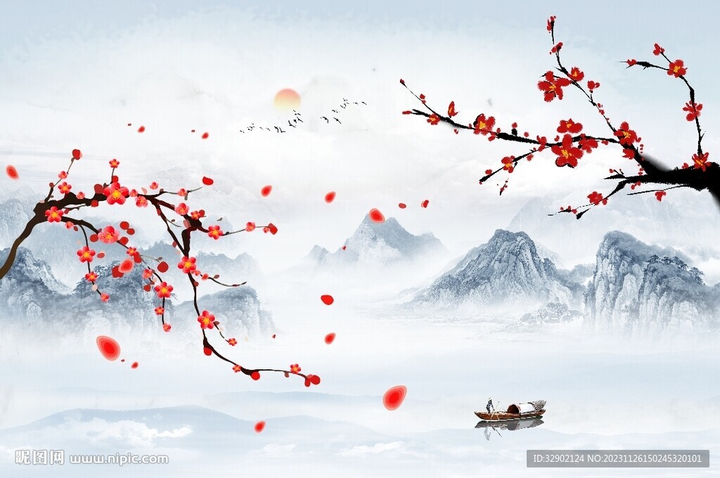 工笔梅花背景墙