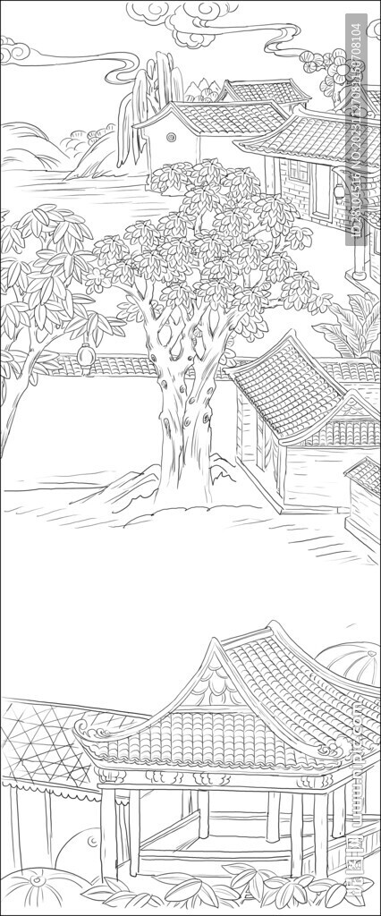 白描古建图 