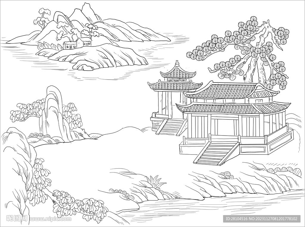 白描古建图 