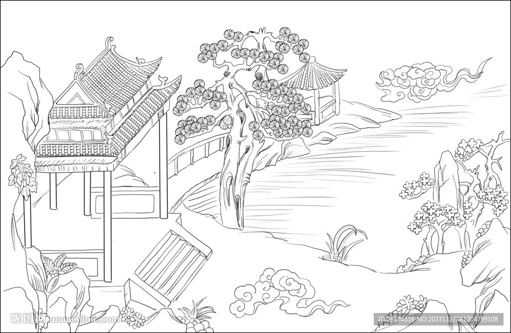 白描古建图