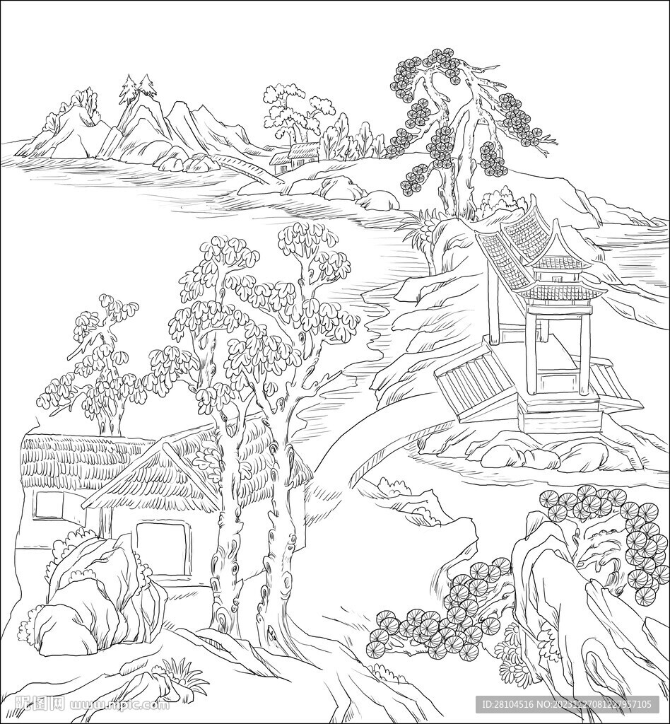 白描古建图 