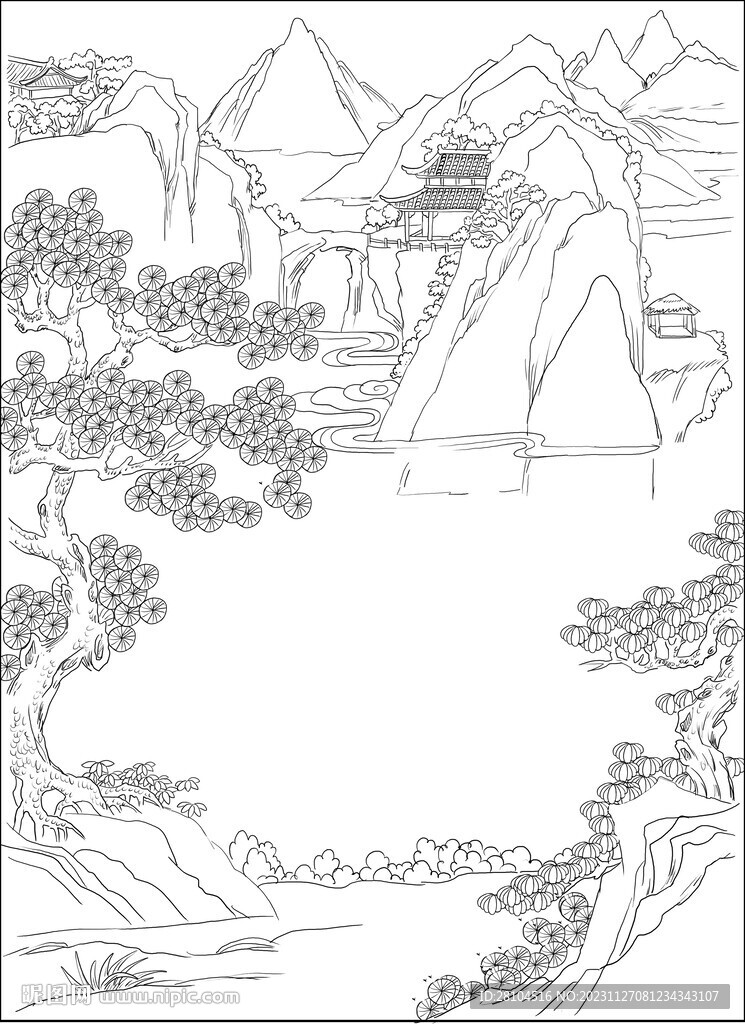 白描古建图 