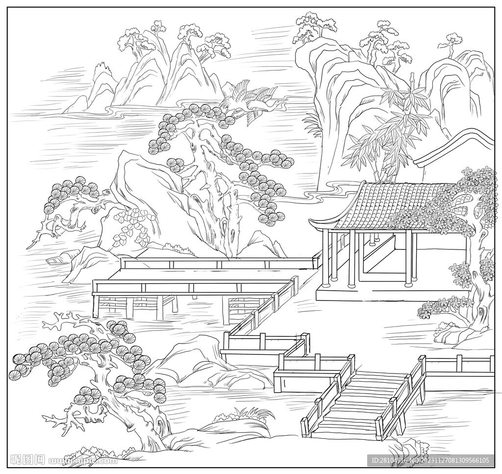 白描古建图 