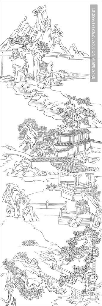 白描古建图 
