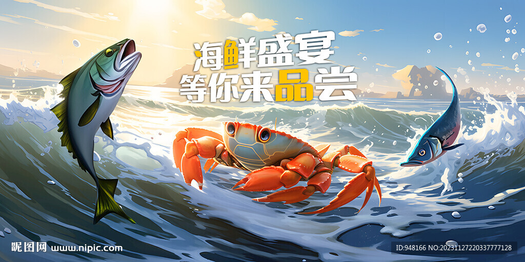 手绘海鲜壁画背景墙装饰广告设计