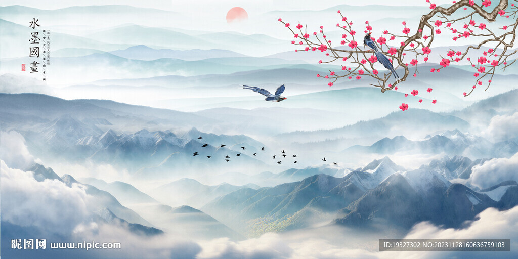 禅意水墨山水画背景墙