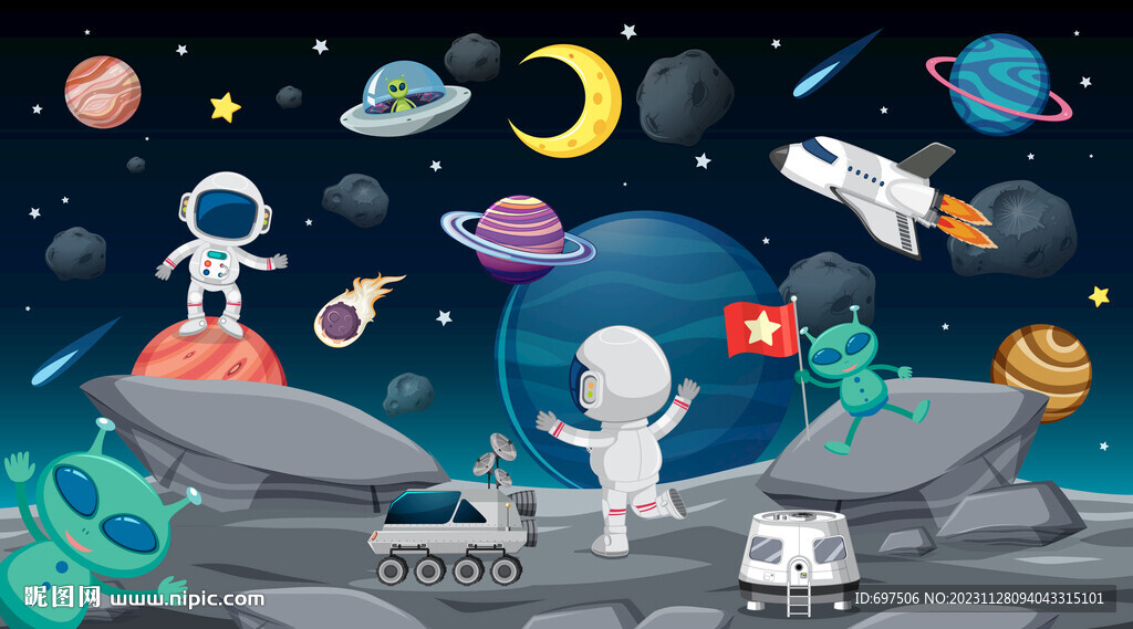 卡通宇航员火箭宇宙太空星球背景