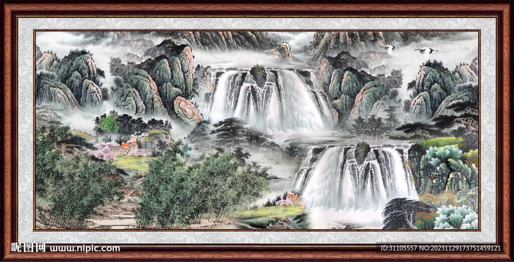 瀑布山水画 