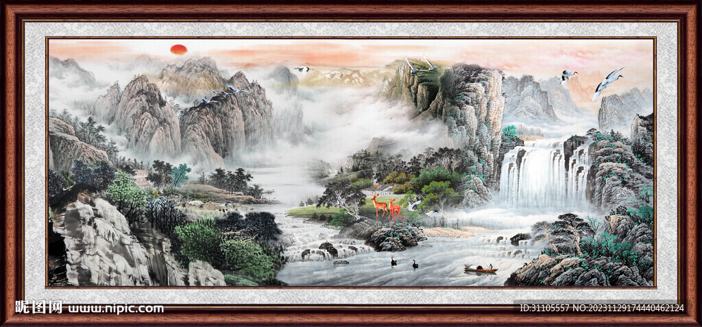 瀑布山水画 