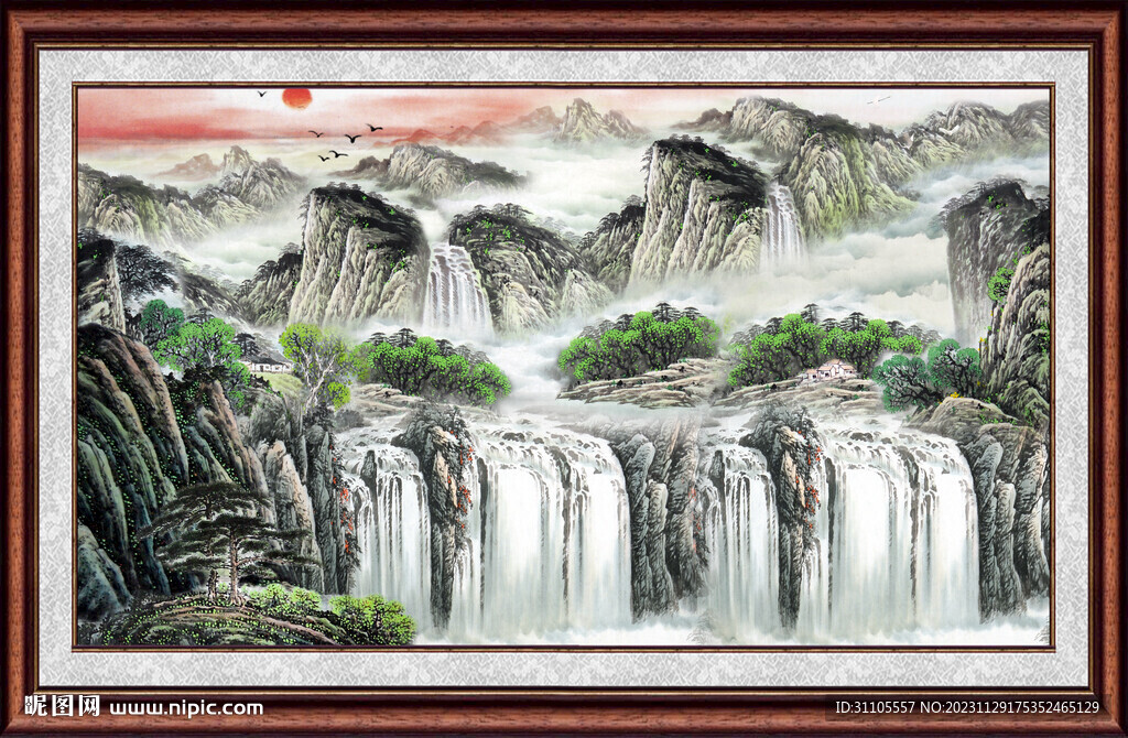 瀑布山水画