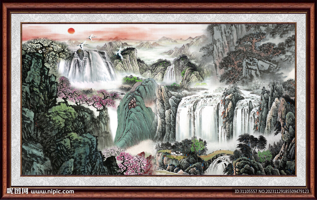 瀑布山水画