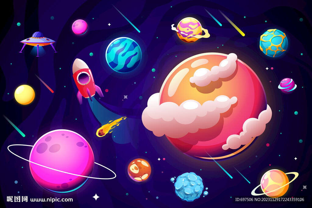 卡通太空星球宇宙火箭星空背景墙