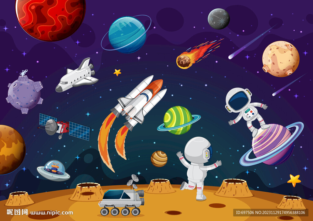 卡通宇航员手绘太空火箭星球背景