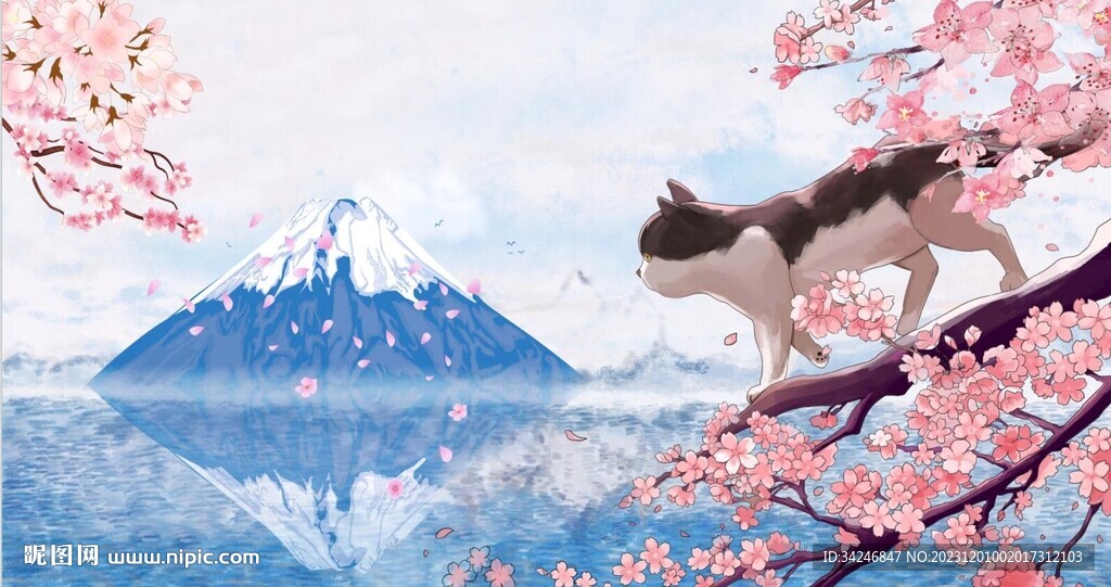 日本富士山樱花猫背景
