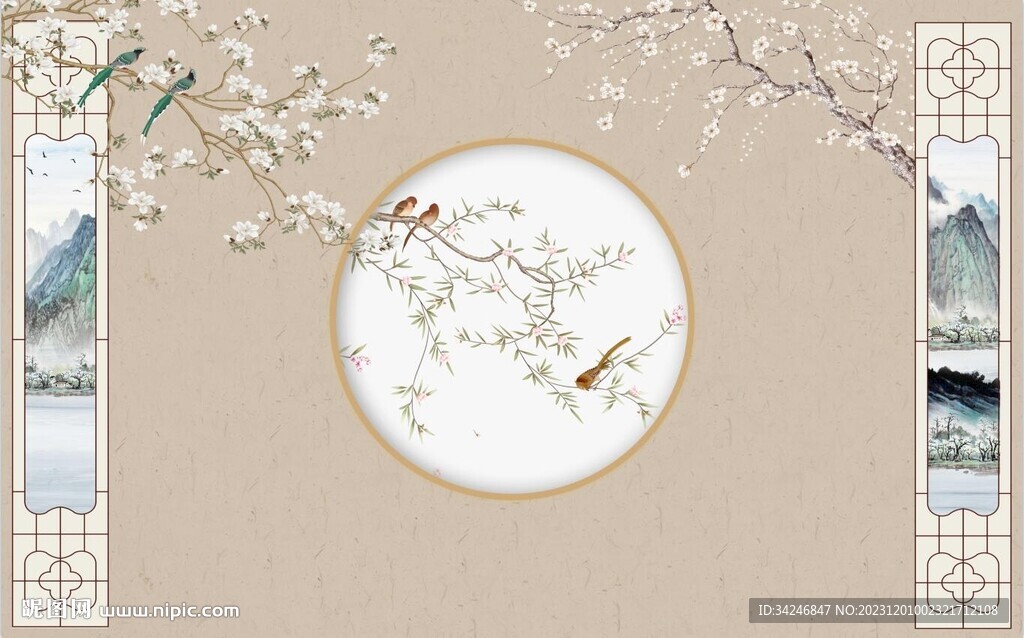 中式古风花鸟背景