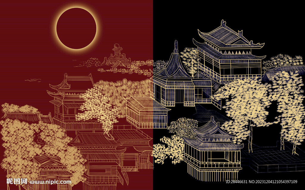  新中式线描古建筑宫殿背景墙