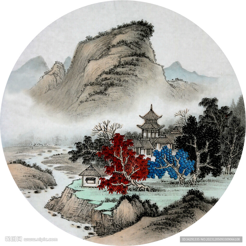 新中式山水画水墨画圆形画