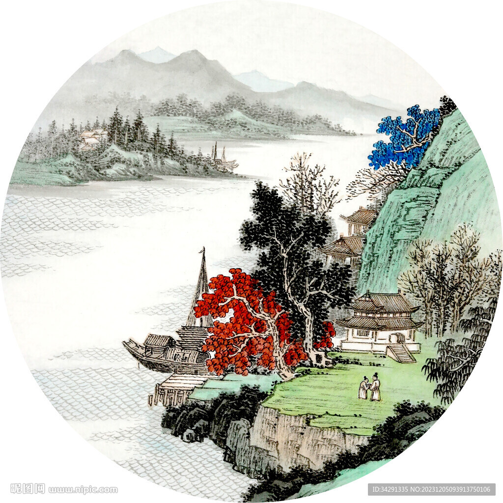 新中式山水画水墨画圆形画
