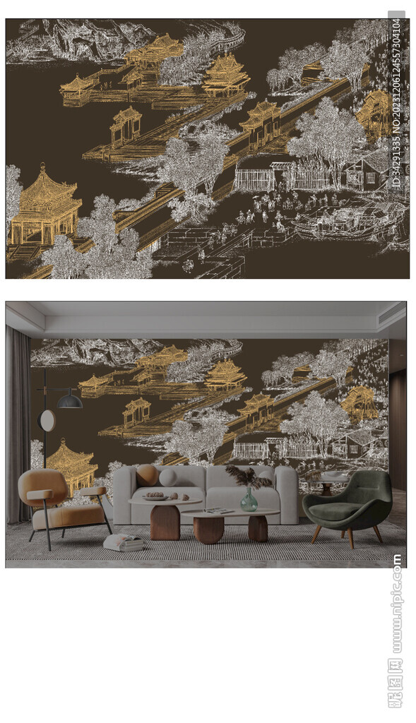 高清意境山水背景墙壁画图片 