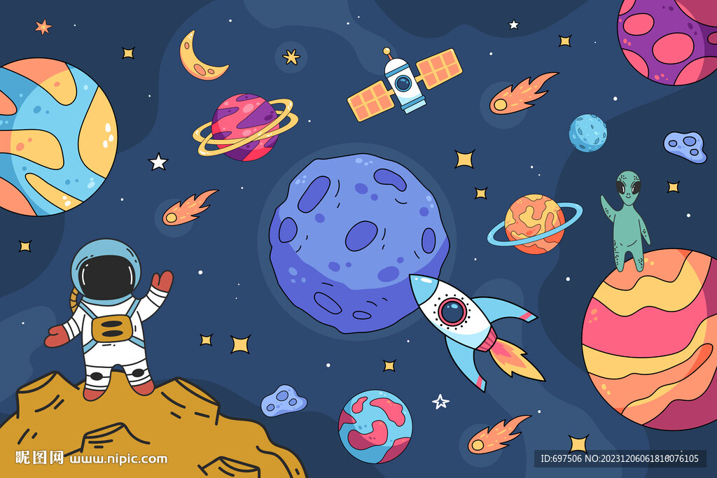 卡通宇宙火箭手绘宇航员星球背景