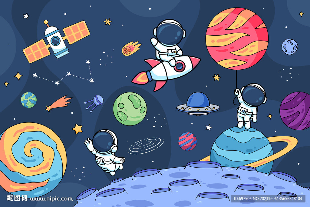 卡通宇航员太空手绘宇宙星球背景
