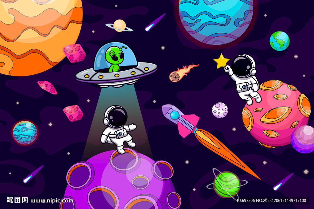 卡通宇宙星球手绘宇航员火箭背景