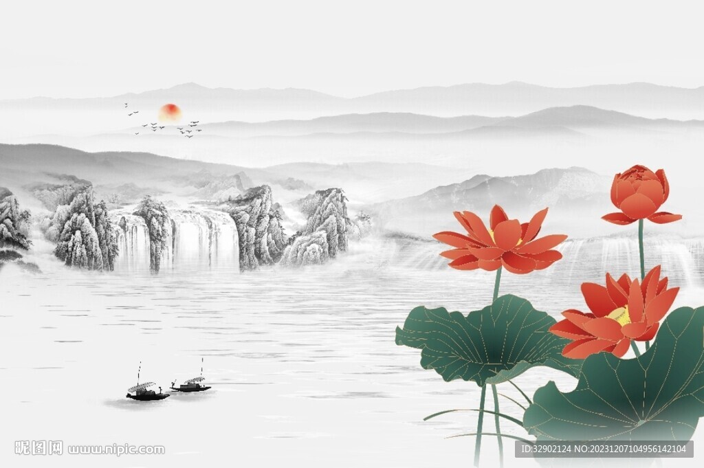 瀑布荷花山水