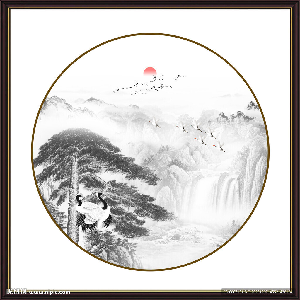 新中式迎客松水墨画
