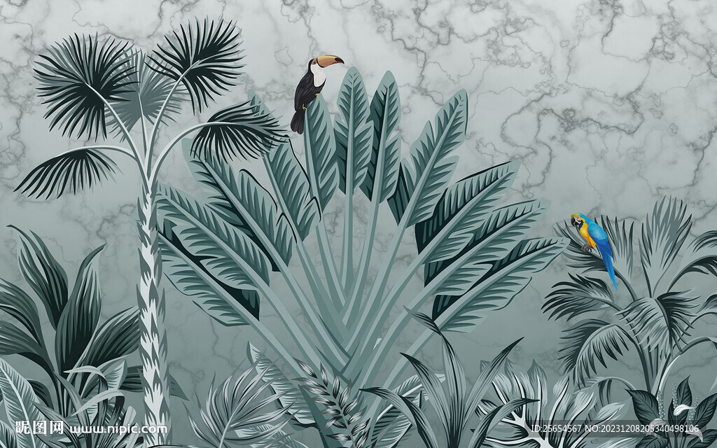 清新热带植物花鸟背景墙