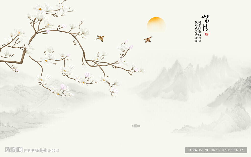 新中式手绘花鸟画背景墙
