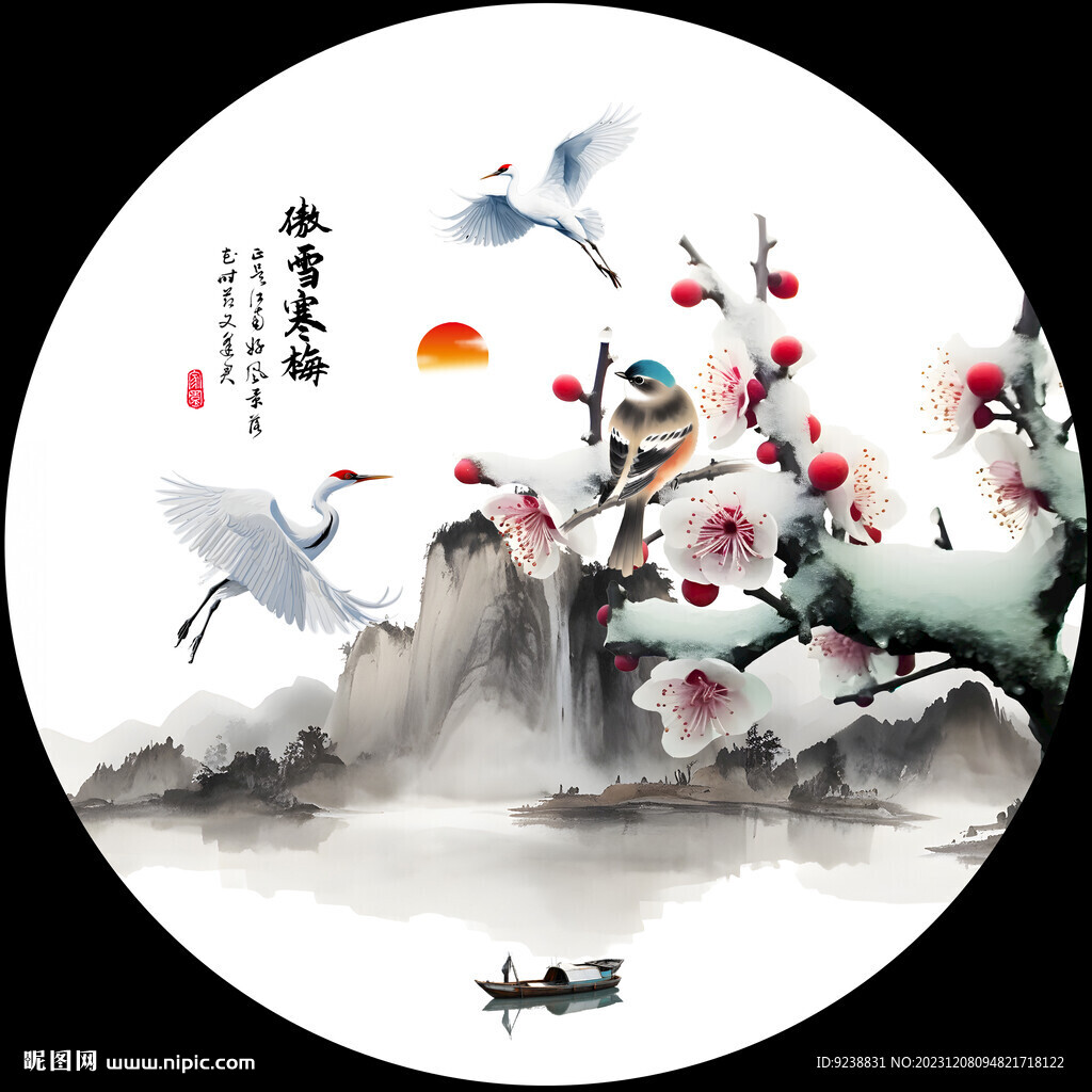 新中式花鸟圆形装饰画