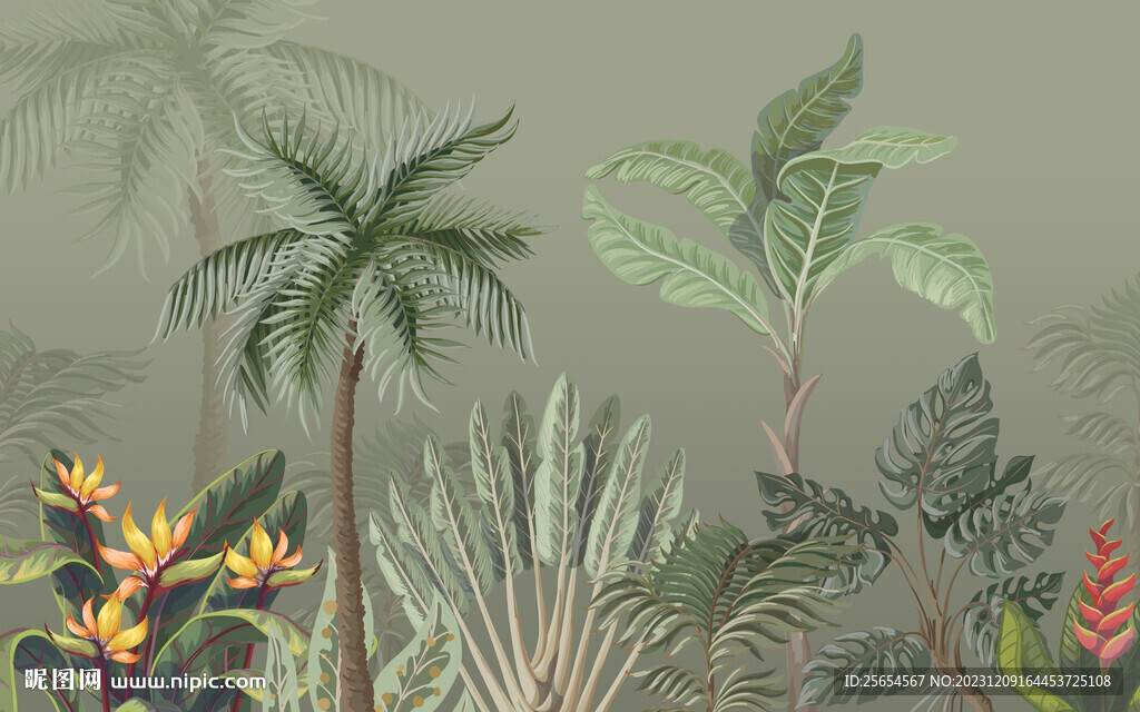复古热带植物电视背景墙