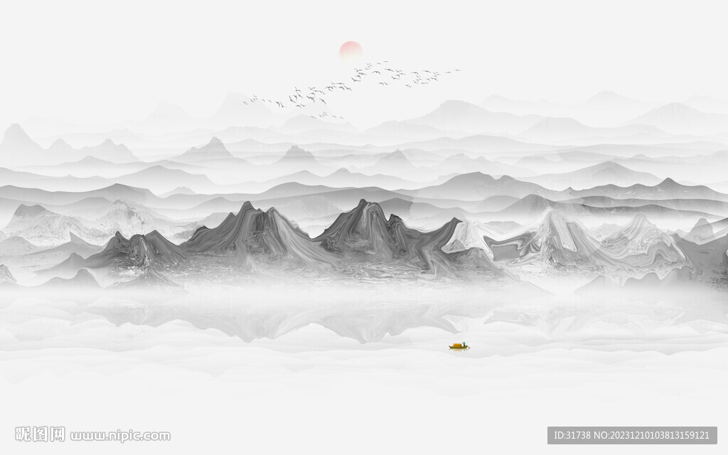 现代意境新中式山水背景壁画