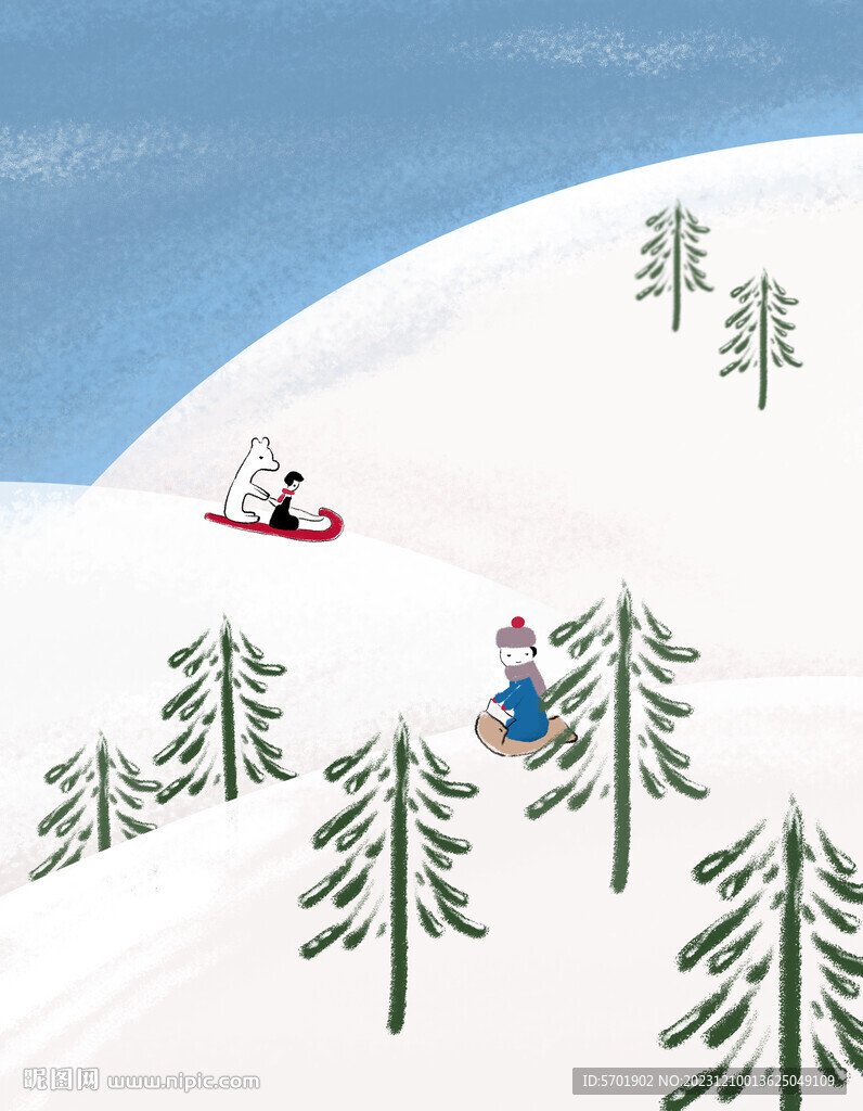 卡通小熊和女孩滑雪插画