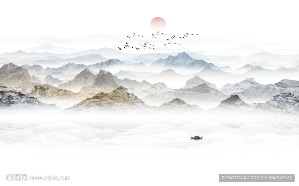禅意水墨山水画背景墙