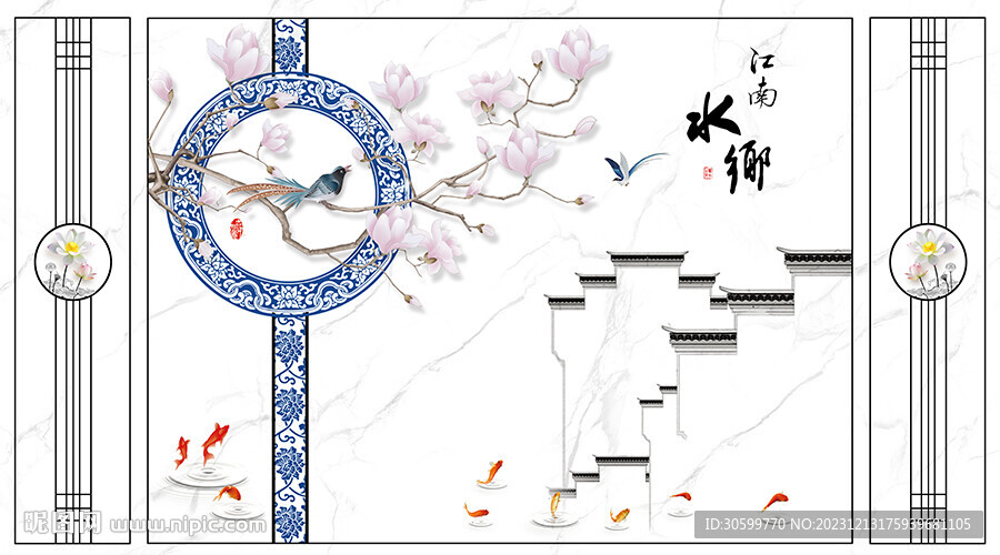 中式江南水乡花鸟背景图