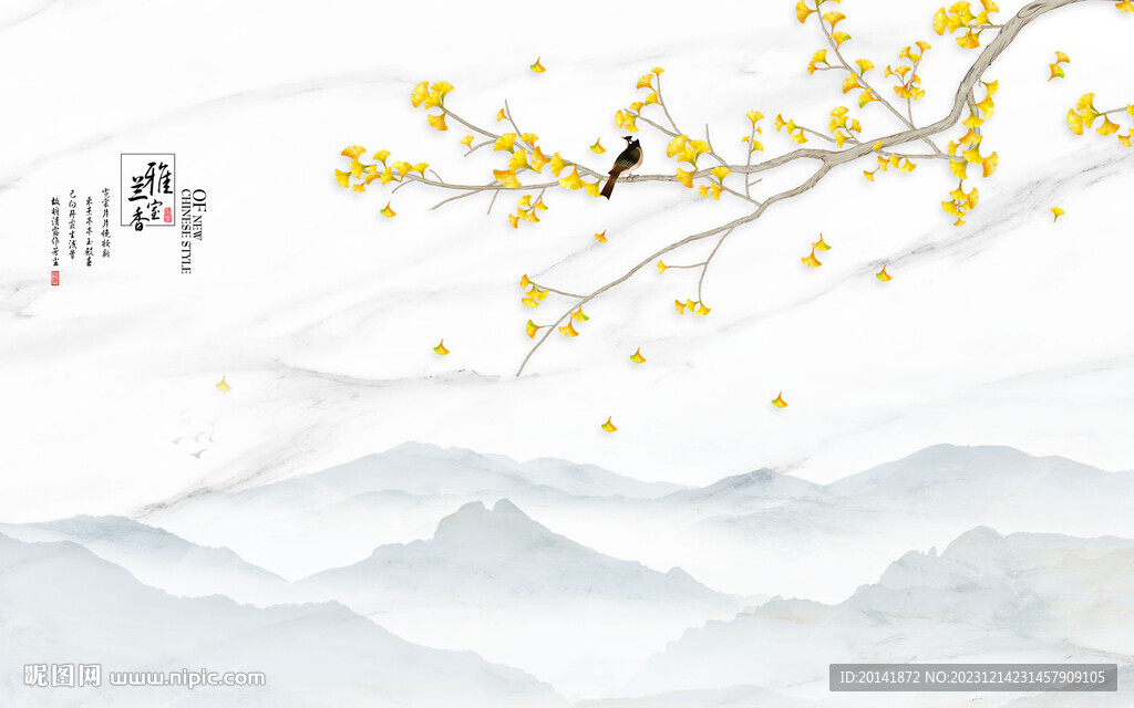 新中式银杏花鸟背景