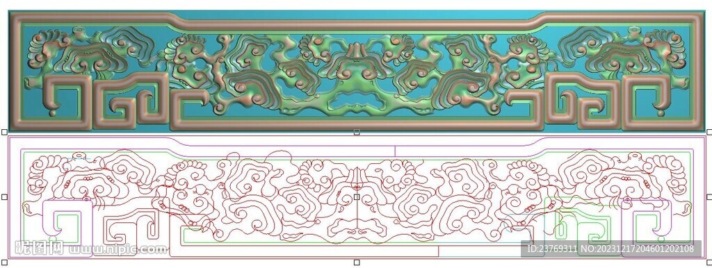 镂空灵芝牙板围板精雕图灰度雕刻