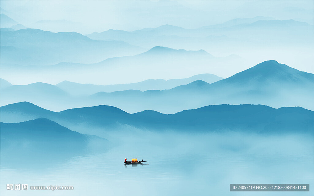 空灵意境山水风景蓝色写意背景墙